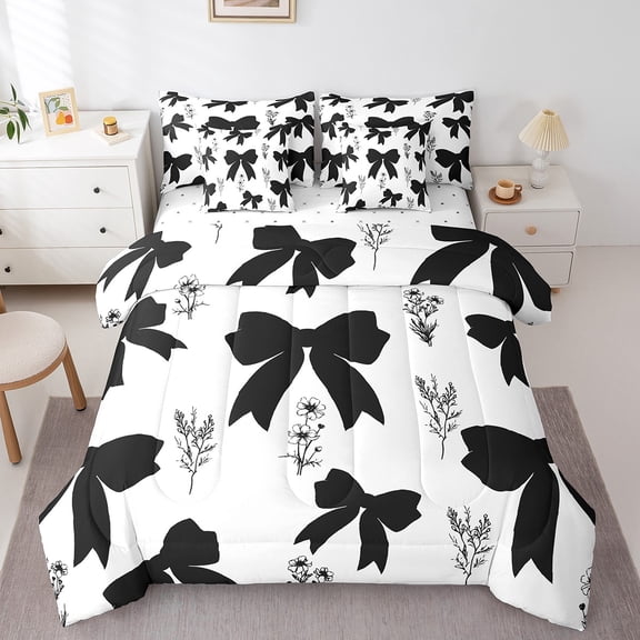Erosebridal Kawaii Black Bowknot Bedding Sets Queen Size, Chic Floral Comforter Sets with Sheets, White Bedroom Decoration, Reversible 7 Pieces