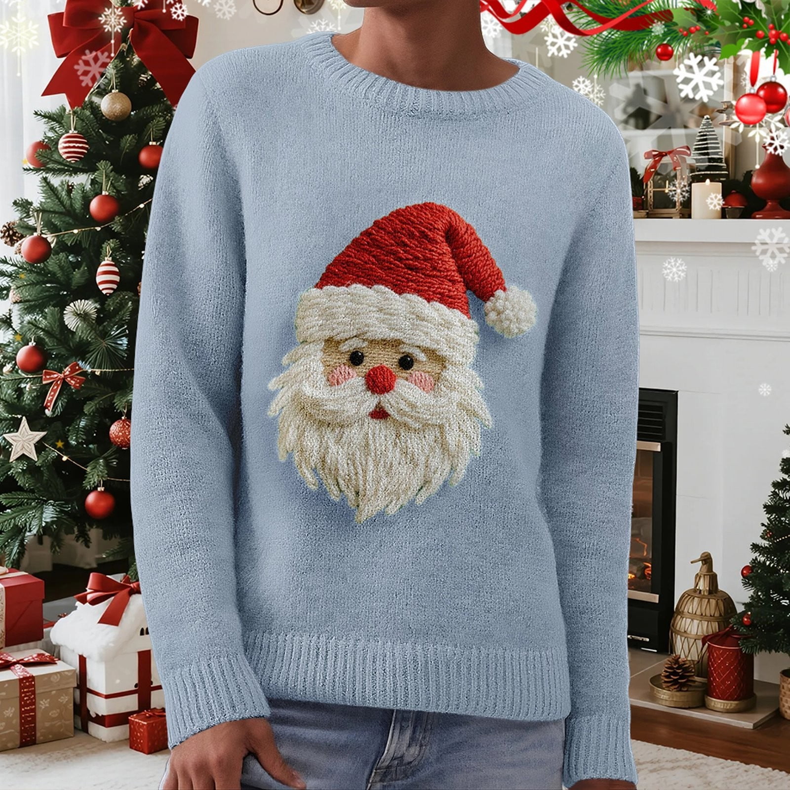 BODOAO Christmas Sweater for Women Retro Cute Santa Claus Graphic Long Sleeve Knitted Crew Neck Xmas Pullover Tops Novelty Funny Creweck Knit Pullover Sweaters Holiday Party Graphic Sweatshirts