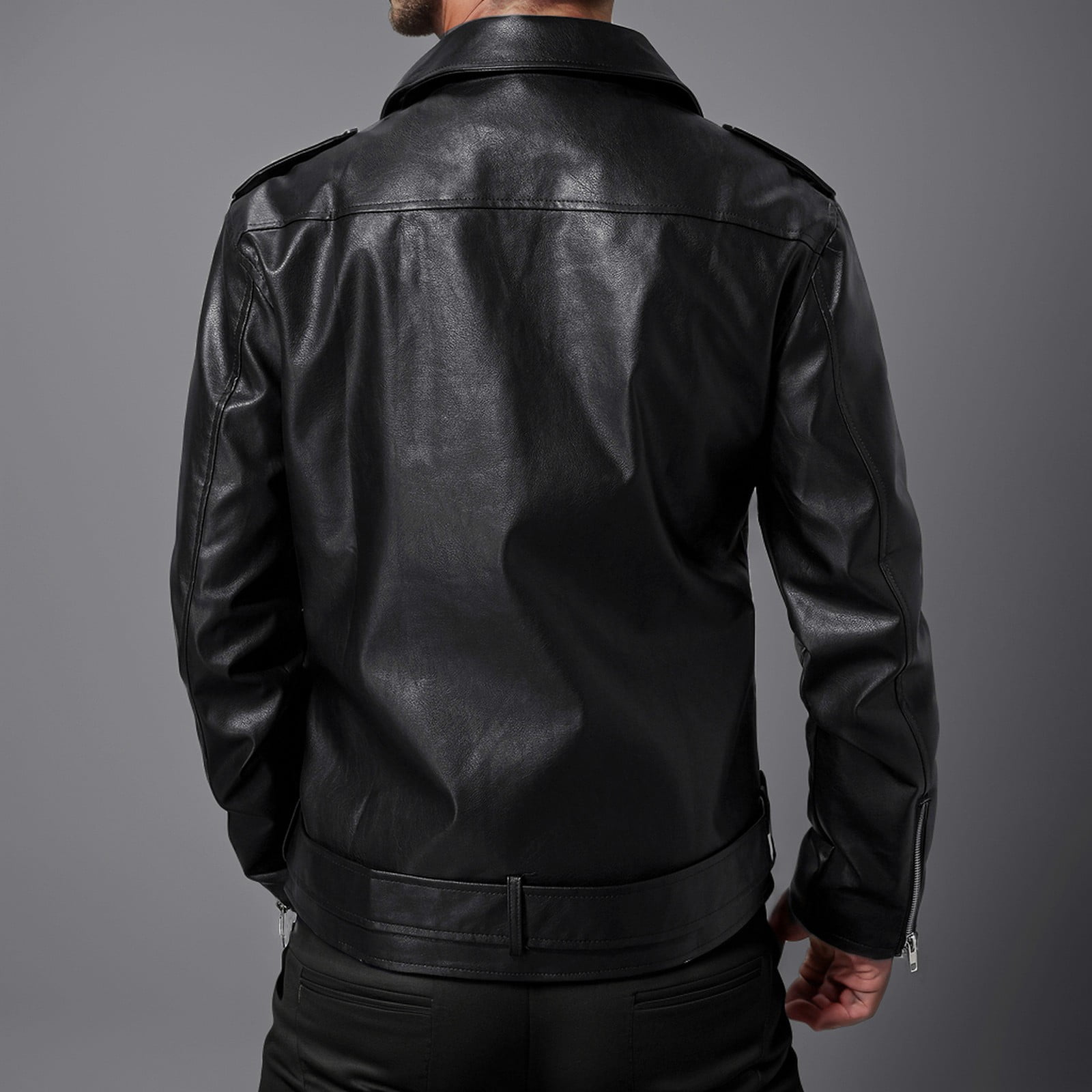 Maoxin Mens Leather Jacket Men's Collar Leather Jacket Casual Loose Men's Top Solid Color Long Sleeved Hooded Leather Jacket/Jackets for men Black M
