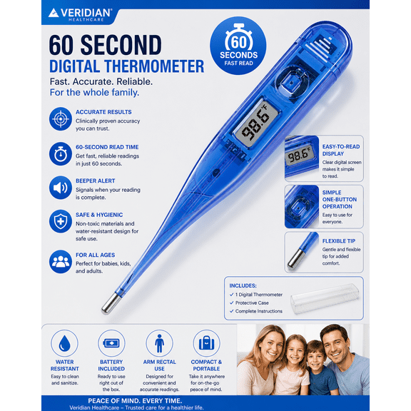 Veridian Healthcare 60-Second Digital Thermometer Oral Rectal Underarm F/C (Blue)