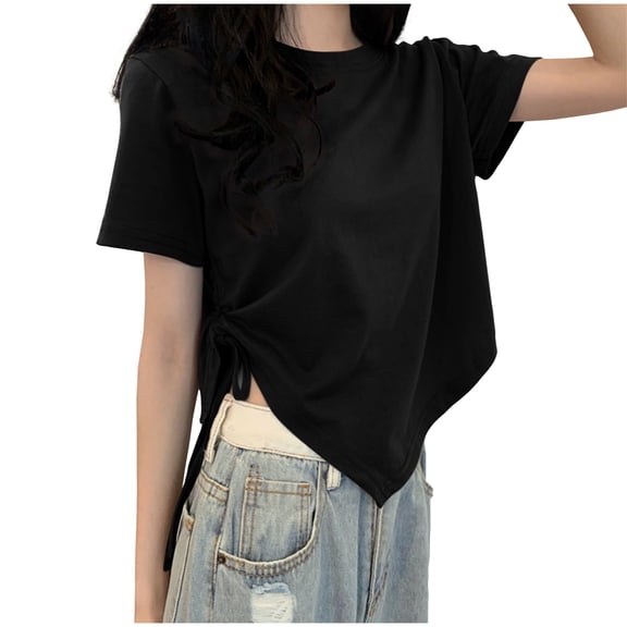 Womens Solid-color Drawstring Round-neck Short-sleeved Casual Top T-shirt