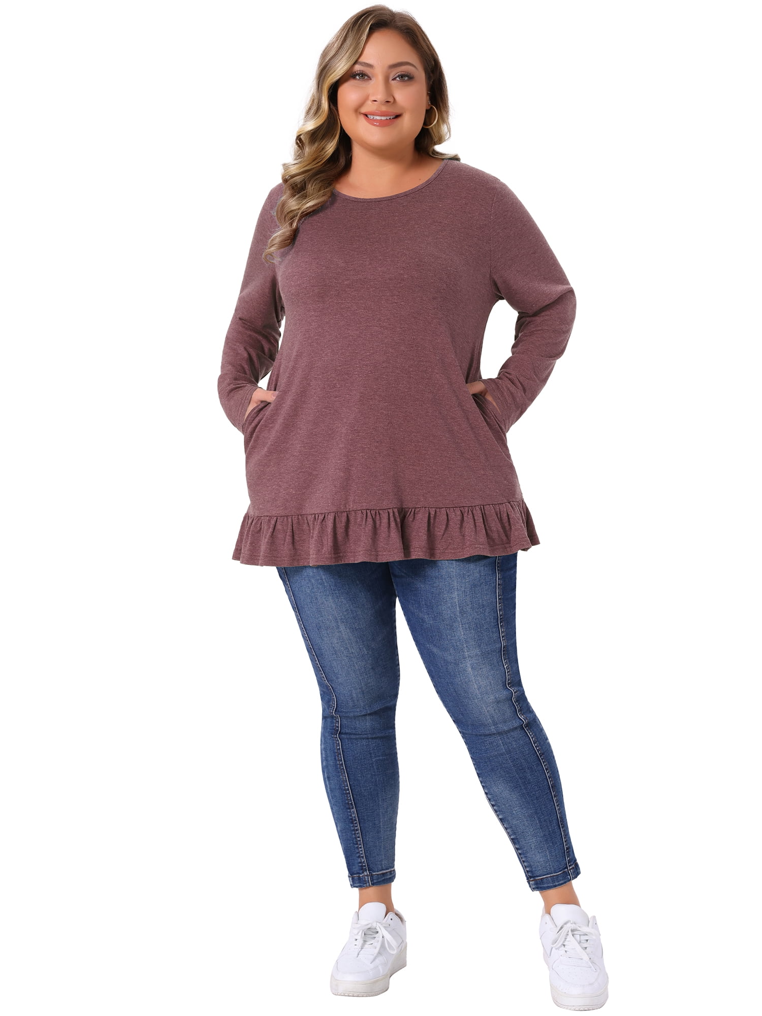 DARING DIVA Women's Plus Casual Long Sleeve Ruffled Hem Blouse 3X Burgundy