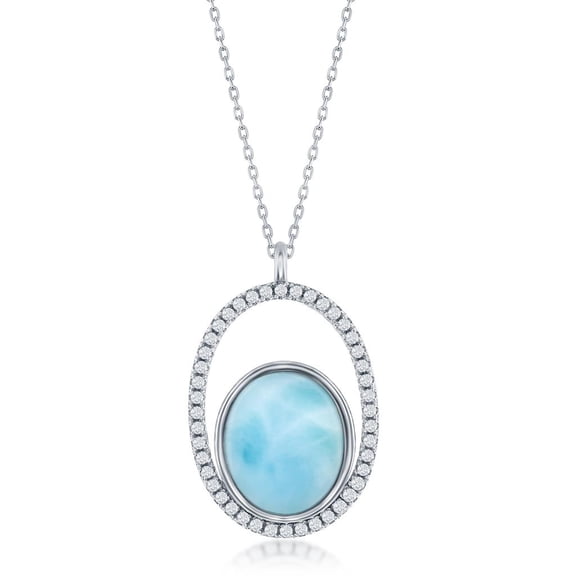 Beaux Bijoux Oval-Shaped Natural Larimar Gemstone with Simulated Diamond CZ Pendant 16 2” Necklace Sterling Silver Jewelry for Women or Teens