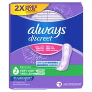 Always Discreet Incontinence Panty Liners for Bladder Leaks, Size 2, Very Light Absorbency, Long Length, 111 Count