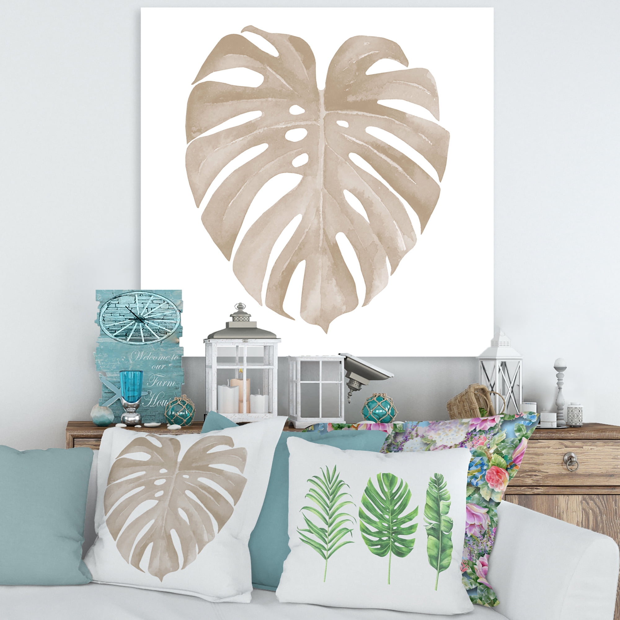 Designart ' Beige Ivory Pastel Monstera Heart Shaped Tropical Leaf ' Traditional Canvas Wall Art Print