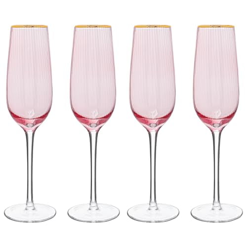 Vikko Champagne Flutes, 7 Ounce Toasting Champagne Flute, Peach with Gold Rim Crystal Clear Champagne Glasses, Set of 4 Elegant Sparkling Wine Glass