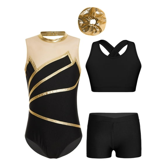 Sholeno Kids Girls Gymnastics Leotard with Crop Tank Top Booty Shorts Set Ballet Dance Costumes Gold 8