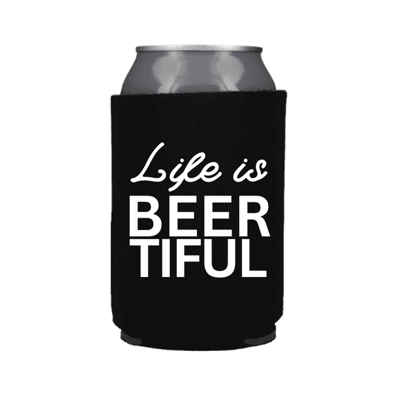 Funny Beer Can Cooler, Life is BEERtiful, Funny Coolies Drink Accessory, Beer Sleeves, Party Gift Favors (Black)