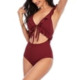 thumbnail image 4 of Uaswgudfs Women's Deep V-Neck One-Piece Swimsuit with Ruffled Trim Accents, Adjustable Tie Details, Ribbed Stretch Fabric Wine S, 4 of 5