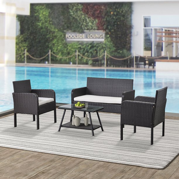 Kepooman 4 Piece Patio Ratten Dining Set, Outdoor Conversation Sofa