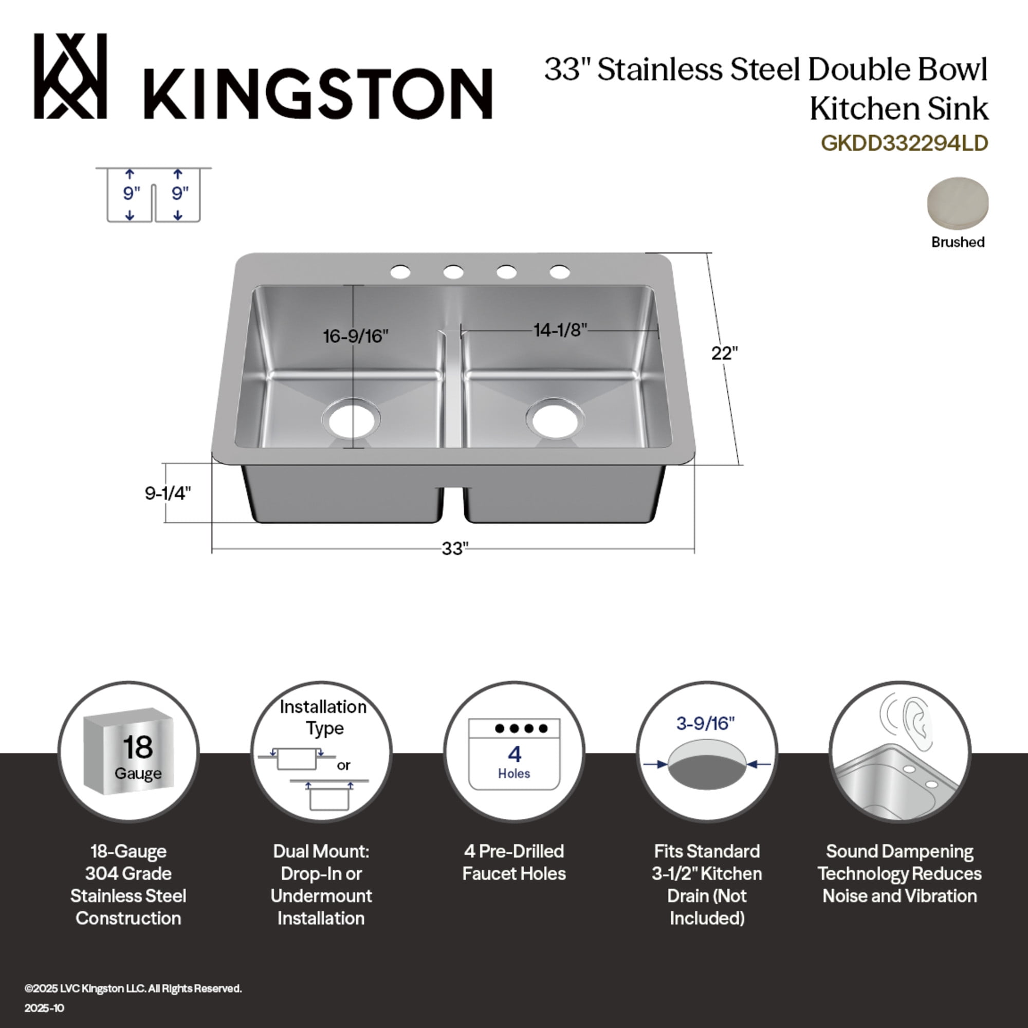 Kingston Brass GKDD332294LD Quebec 33-Inch Stainless Steel Double Bowl Dual Mount Kitchen Sink with Drain in Brushed