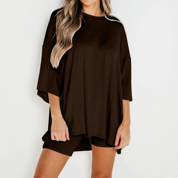 Traje Verano 2 Piezas Conjunto de pantalón corto de 2 piezas para mujer, cuello redondo, camiseta de gran tamaño, pantalones cortos, atuendo diario informal Cgtredaw Xl Negro para Mujer