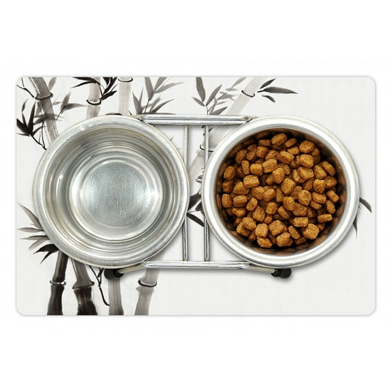 Bamboo Pet Mat for Food and Water, Traditional Bamboo Leaves Meaning Wisdom Growth Renewal Unleash Your Power Artprint, Non-Slip Rubber Mat for Dogs and Cats, 18" X 12", by Ambesonne