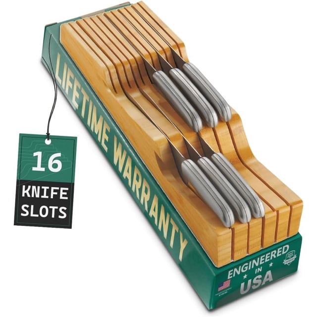 100% Pure Bamboo in Drawer Knife Block | 16 Knife Slots Knife Drawer Organizer | Store Knives Safely with The Blades Down | Storage Solution for Your Kitchen | Knife Organizer Drawer Insert