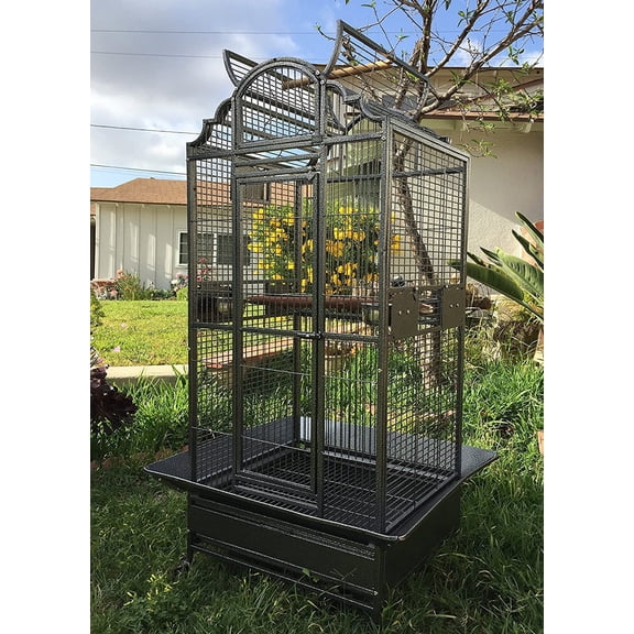 Large Deluxe and Durable Wrought Iron Open Play Top Perch Stand Bird Parrot Rolling Cage, Include Metal Seed Guard Solid Metal Feeder Breeding Nest Doors