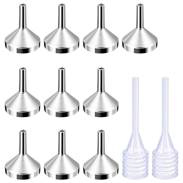 IMCBSTT - Paquete de 10 embudos de metal pequeños con 2 minipipetas para llenar botellas o recipientes pequeños, perfume, plata y oro