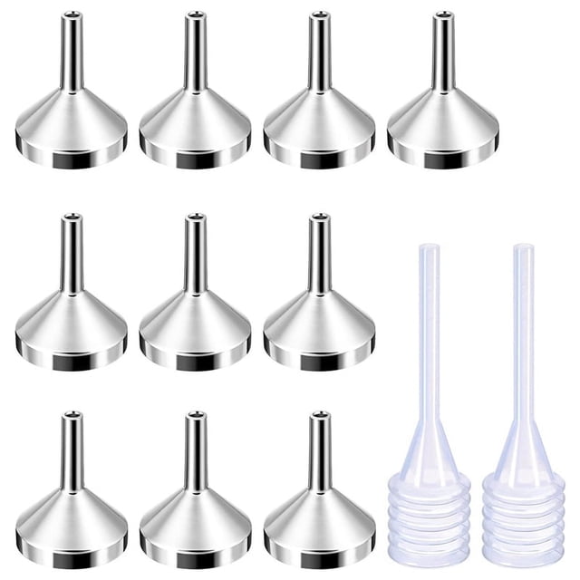 IMCBSTT - Paquete de 10 embudos de metal pequeños con 2 minipipetas para llenar botellas o recipientes pequeños, perfume, plata y oro