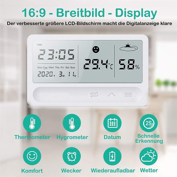 Termómetro higrómetro para interiores, termohigrómetro digital recargable con despertador y detección rápida de 2 s, hidrómetro de alta precisión para habitación de bebé O