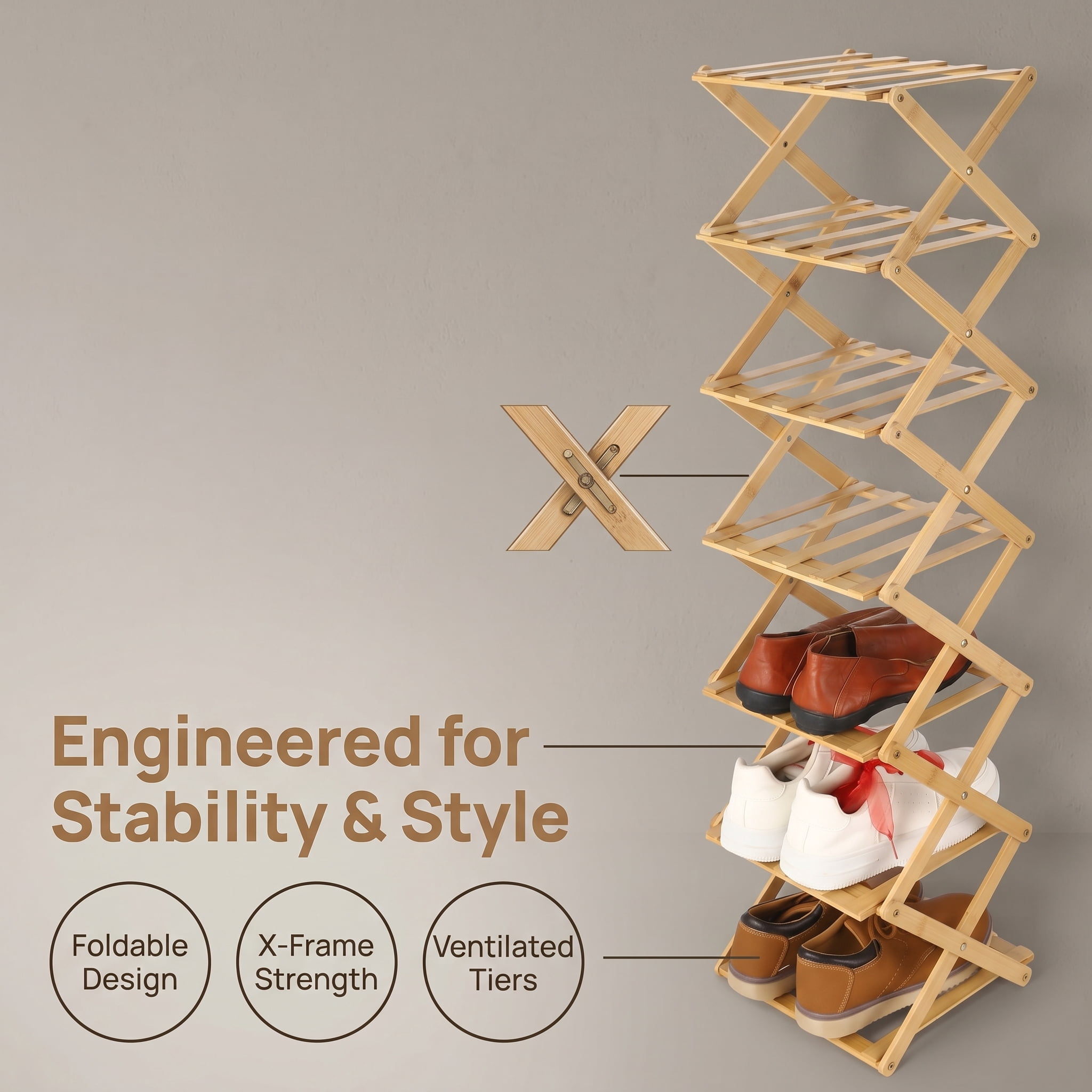 7 Tier Wooden Vertical Shoe Rack, Folding Narrow Shoe Organizer, Standing Portable Shoe Storage Shelf for Entryway, Bedroom, Living Room Corner and Small Spaces, No Installation, Space-Saving