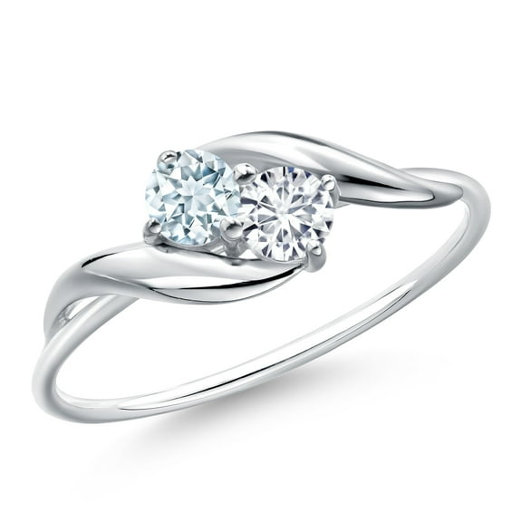 Gem Stone King 10K White Gold Round Sky Blue Aquamarine and White Lab Grown Diamond Ring for Women (0.34 Cttw, Round 3.5MM, Gemstone March Birthstone, Size 5)