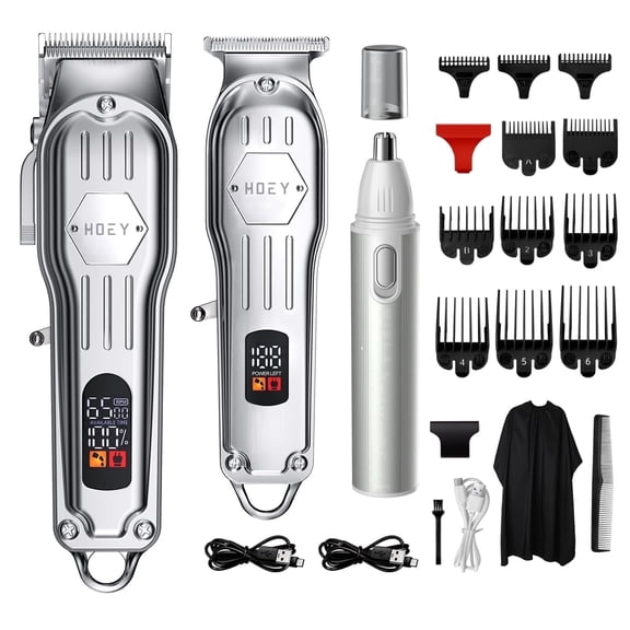 Hoey Hair Clippers Professional Cordless for Men, Barber Clippers for Hair Cutting Kit, Wireless LCD Display Hair Trimmers Set, Rechargeable Haircut Machine for Family (Sliver)