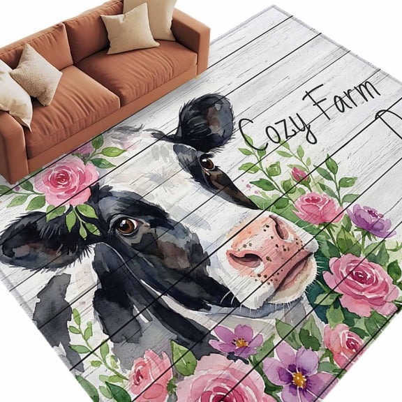 Cozy Farm Days Cow Area Rug 5x7 Washable Rug Non Slip Spring Summer Floral Grey Wooden Large Area Rug Soft Stainresistant Indoor Floor Carpet for Living Room Bedroom Home Office Dining Room Nursery