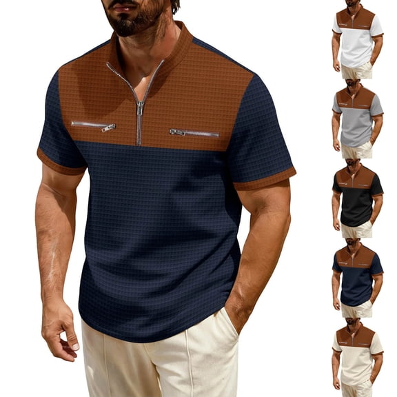 Paiwinds Men's Color Block Short Sleeve Half-Zip Stand Collar Pocket Casual Sportswear T-Shirt