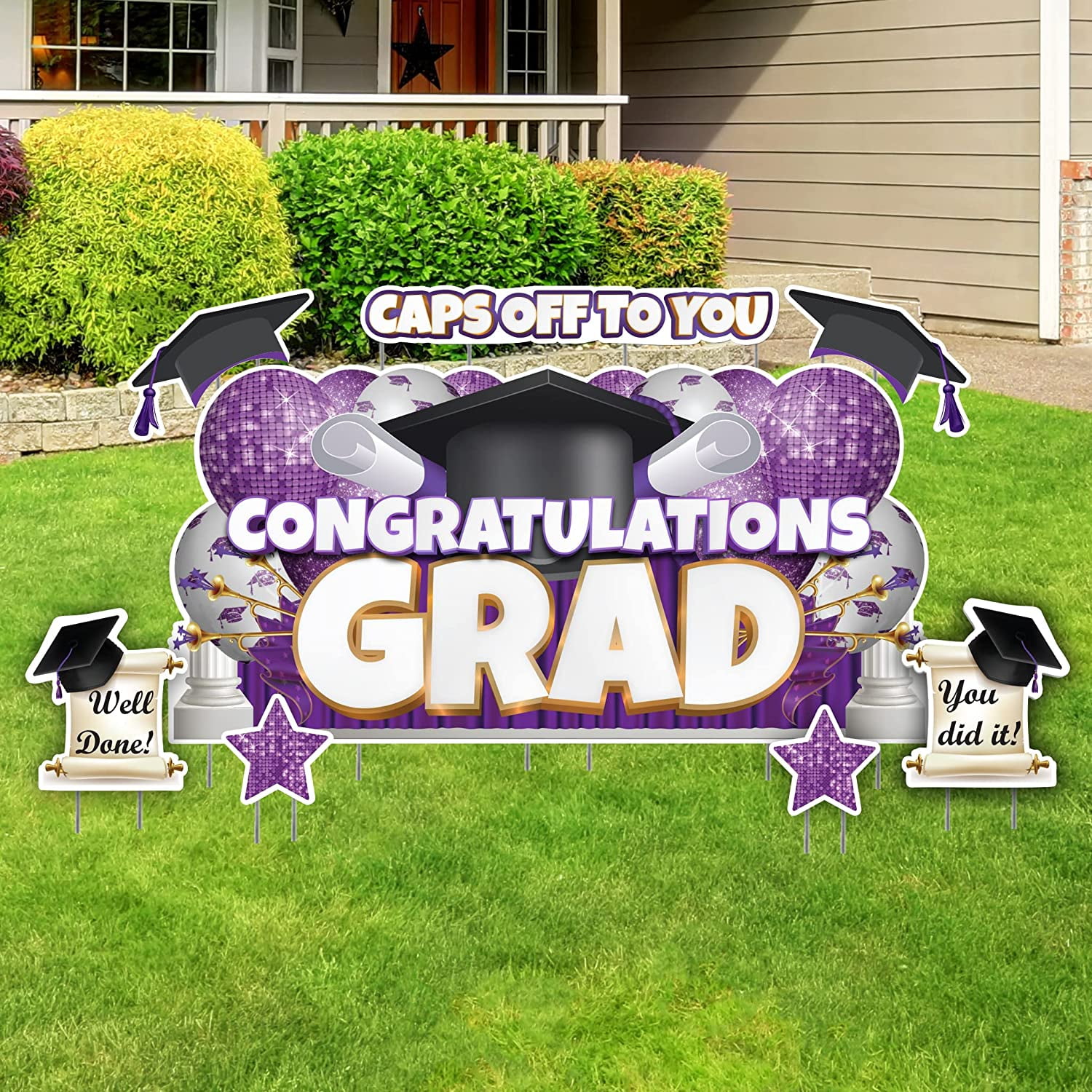 VictoryStore Oversized Purple Congratulations Grad, Caps Off To You EZ Yard Card Set, 8 Pieces