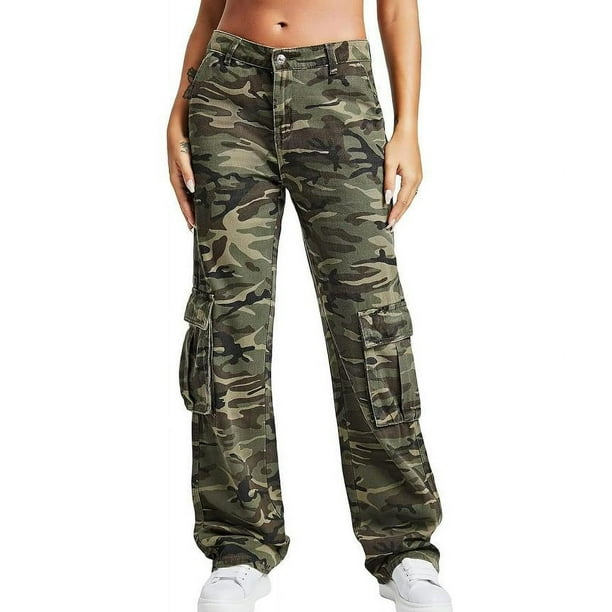 Pantalones vaqueros cargo de cintura alta, rectos y con estampado de camuflaje para mujer, con bolsillos