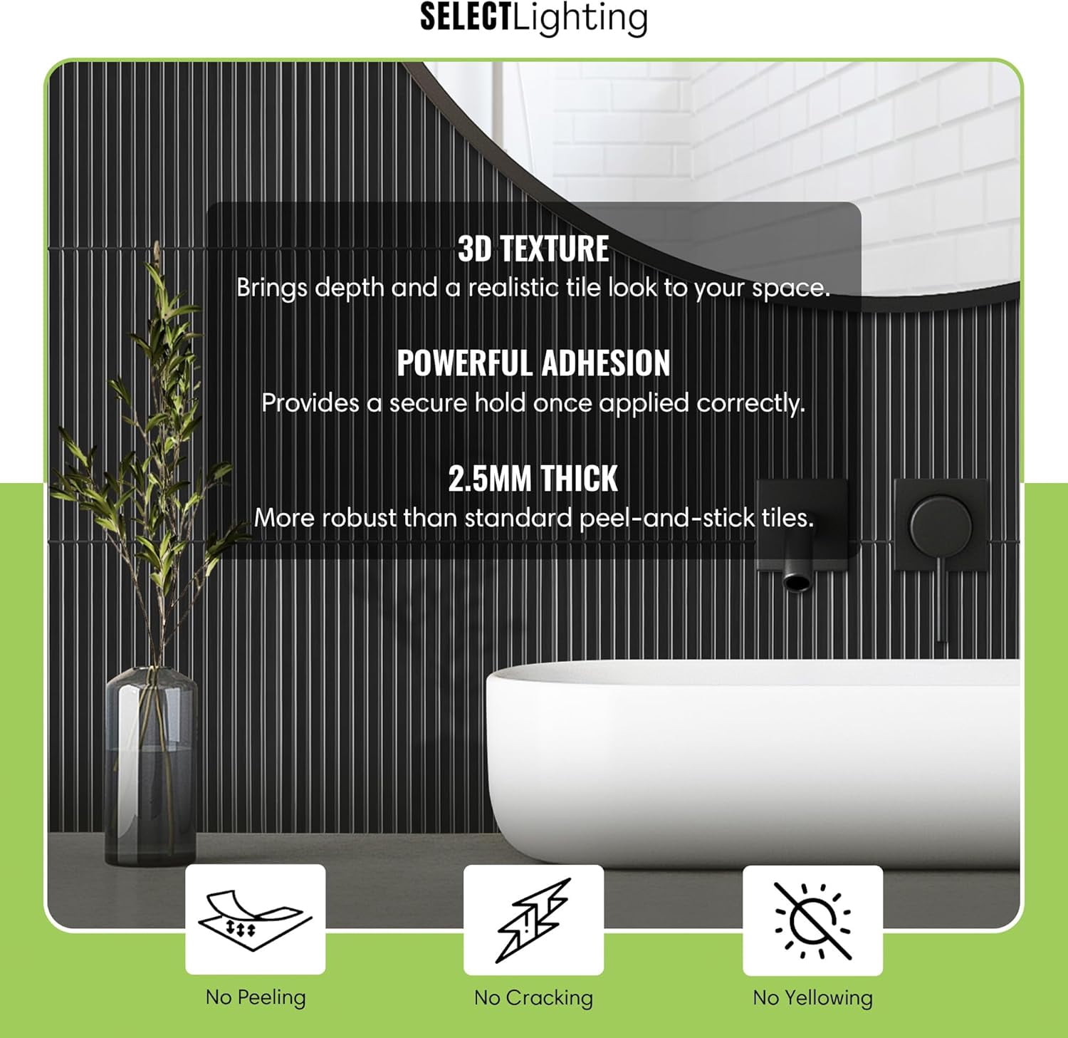 Select 5 Pack Peel and Stick Backsplash Tiles, Vinyl Self Adhesive Back Splash Stick OnTiles for Kitchen & Bathroom, Linear Design 12” x 12” Wall Tiles, Black