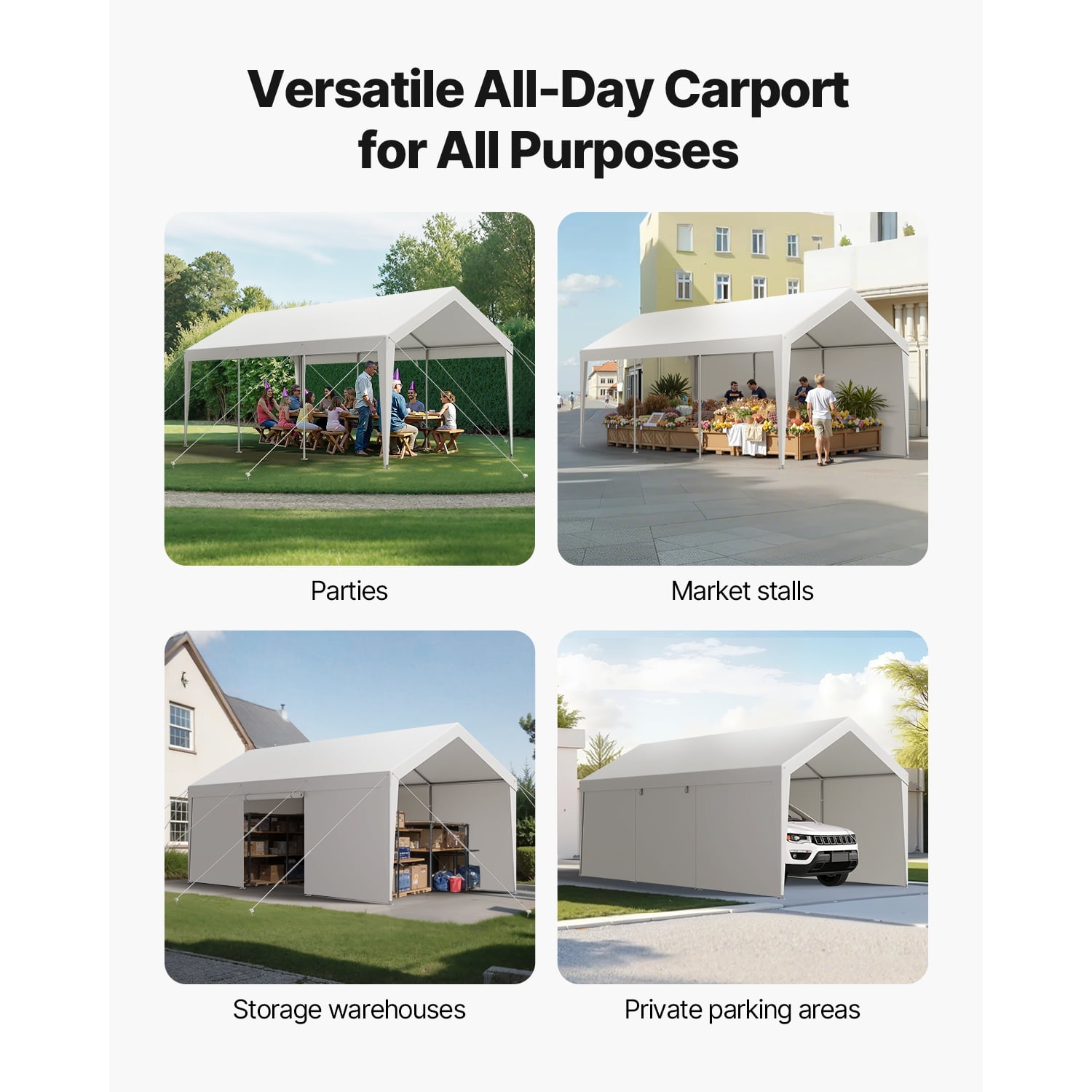 KFFKFF 12 x 20 FT Outdoor Car Canopy with Removable Sidewalls & Door, Heavy Duty Portable Outdoor Garage Carport, UV-Resistant Car Shelter for Automobiles, Boats, White