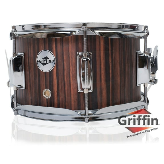 Firecracker Snare Drum by Griffin Soprano Popcorn 10" x 6" Poplar Wood Shell & Black Hickory PVC Concert Percussion Musical Instrument with Drummers Key & Deluxe Snare Strainer Beginner & Professional