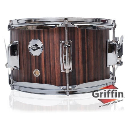 Firecracker Snare Drum by Griffin Soprano Popcorn 10" x 6" Poplar Wood Shell & Black Hickory PVC Concert Percussion Musical Instrument with Drummers Key & Deluxe Snare Strainer Beginner & Professional