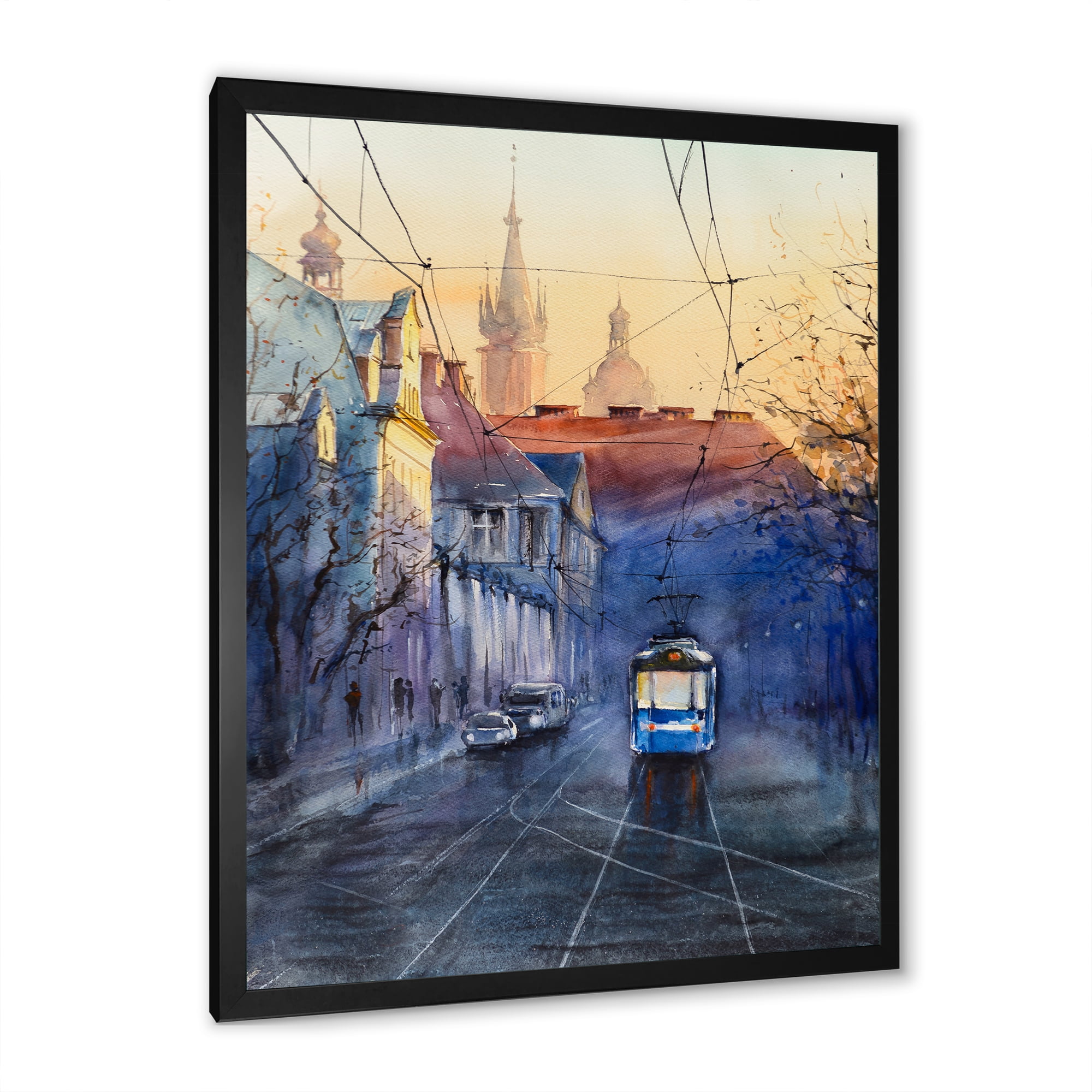 Blue Tram At Sunset With Church During Sunset Cityscape 12 in x 20 in Framed Painting Canvas Art Print, by Designart