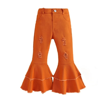 

WOLLED Kids Girls Denim Flared Jeans Pants Toddler Solid color Bell-bottom Long Pants for 1-6 Y