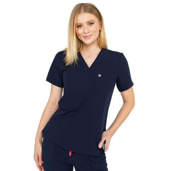 Mediclo Women's Medical Scrub Top - Sal Essential Eco Friendly Sustainable FYSEL Fabric V-Neck Chest Pocket Shirt Workwear Navy FT3085RNAV08 L