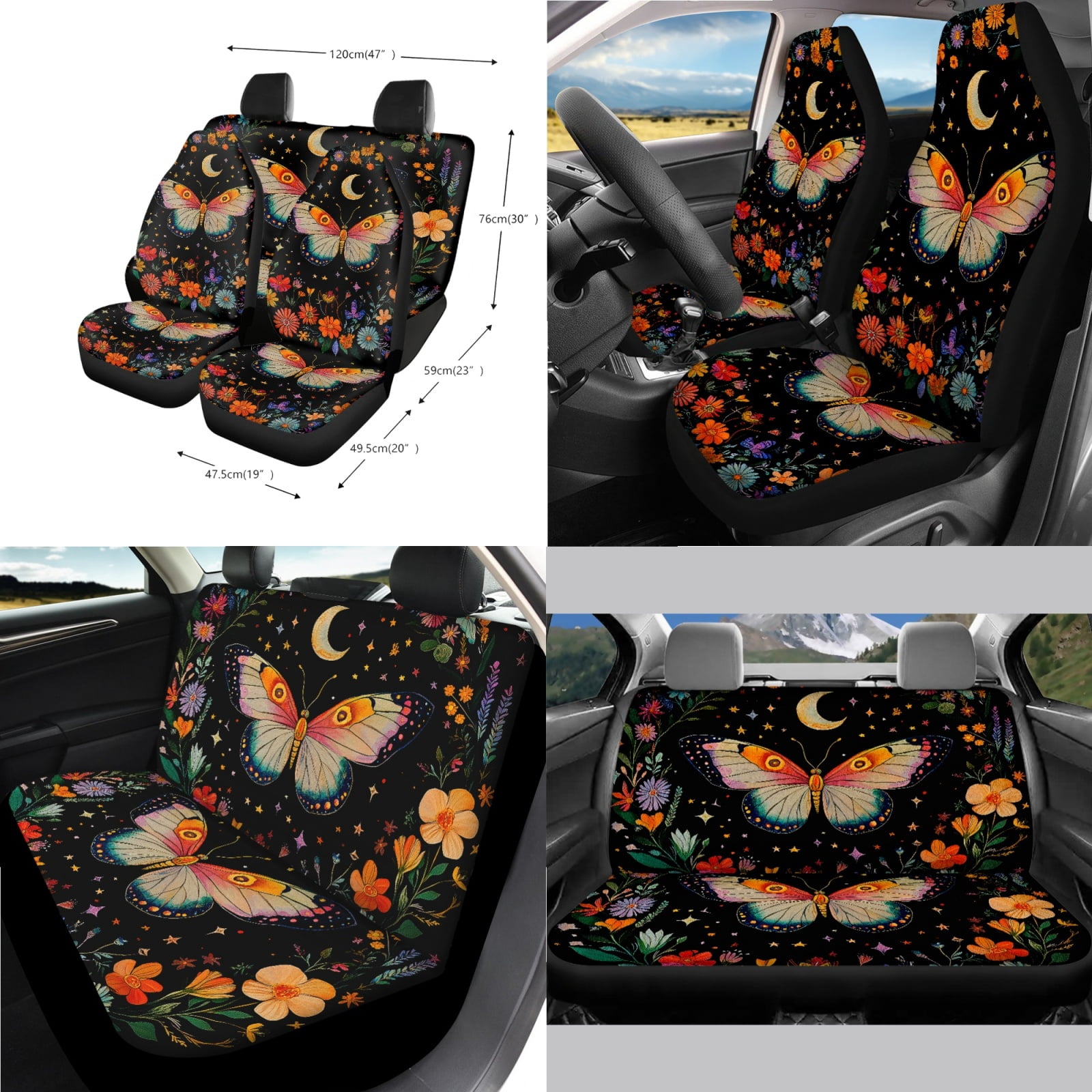 Jeiento Butterfly Car Accessories Sets 14pcs Car Seat Cover Protector Steering Wheel Cover Seatbelt Pads Auto Armrest Cover Trash Bin Rearview Mirror Cover Handbrake Cover Set Coasters Flowers