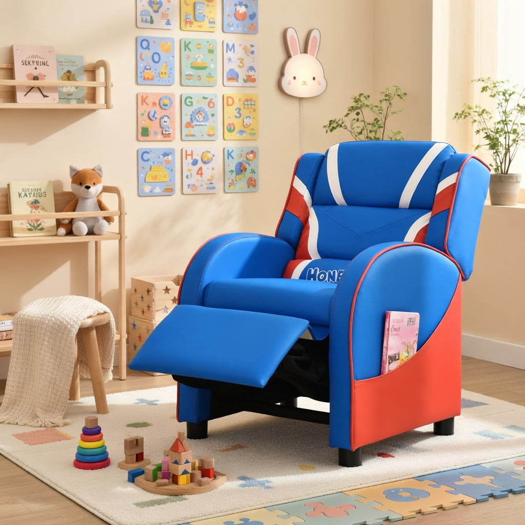 Barara King Kids PU Leather Recliner Chair with Side Pockets, Kids Gaming Sofa Recliner Chair for Living Room, Bedroom, Blue