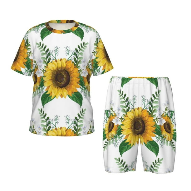 Fotbe Sunflowers (2) Pijama Estampada de 2 Piezas para Niños – Ropa de Dormir de Manga Corta Cómoda para Niños y Niñas, Camiseta y Shorts de Algodón-3X-Large