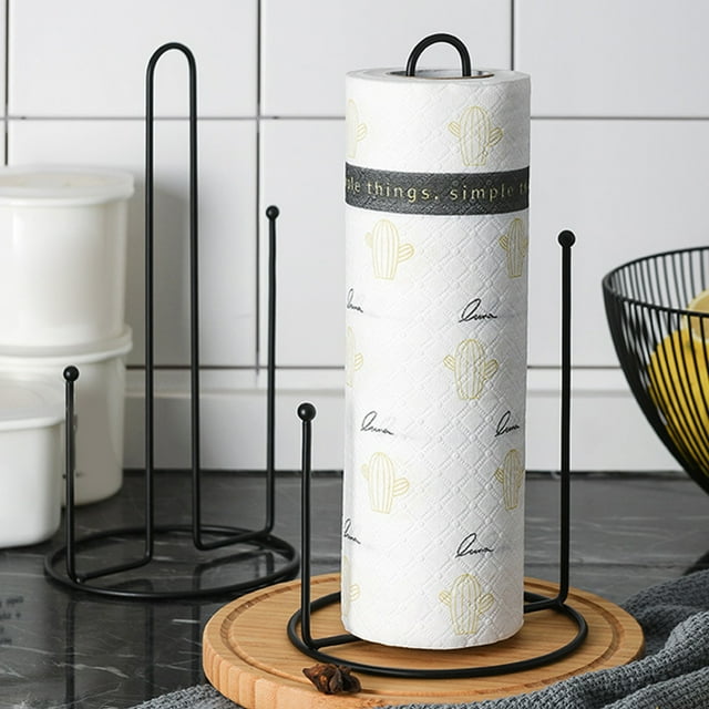 Organizador y portarrollos vertical | Dispensador de rollos de cocina de hierro con film transparente | Estante de encimera negro para toallas de papel y film transparente | 15 x 15 x 31 cm