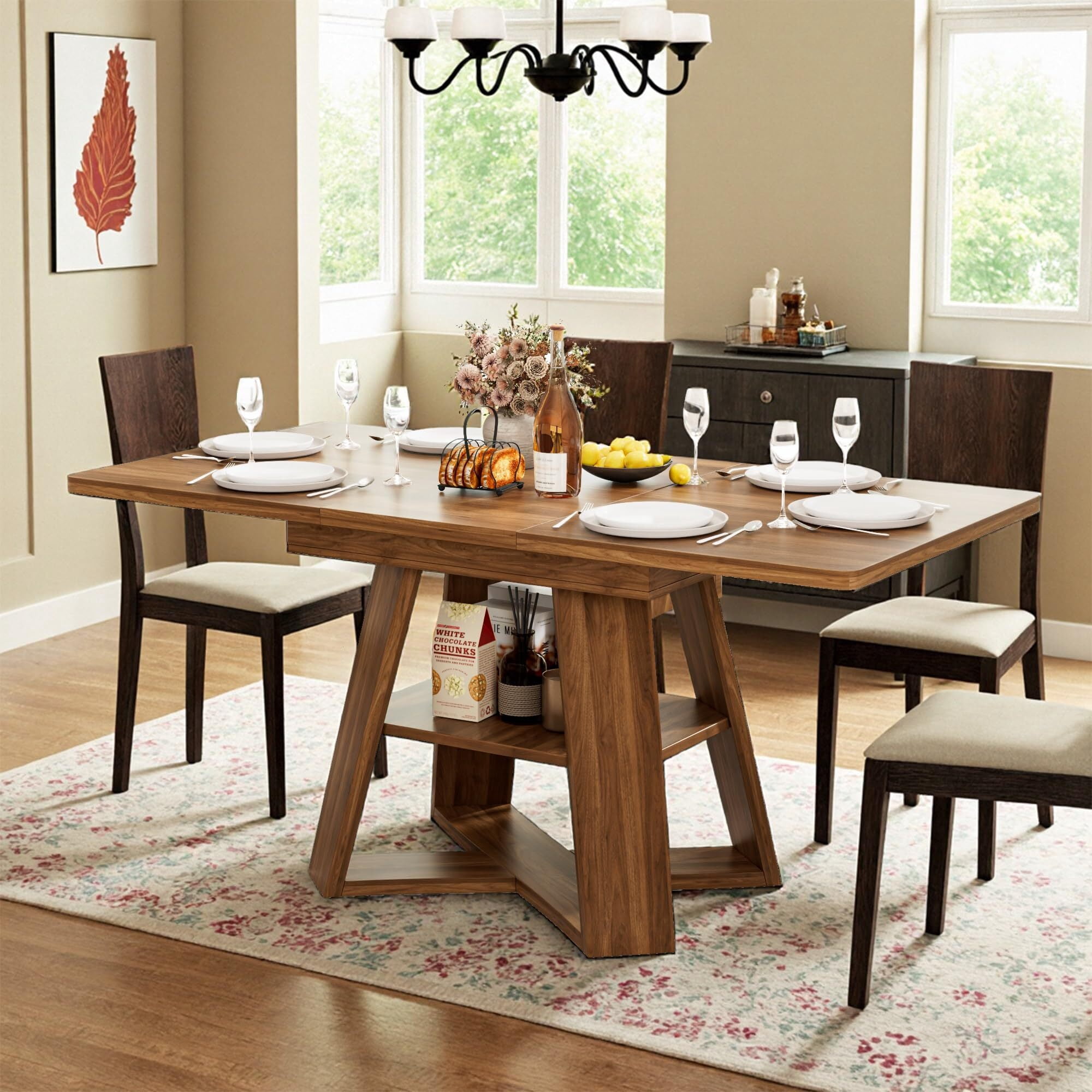 Extendable Dining Table 47.24''-66.92'', Seats 4-6, Rectangle Kitchen Table with Removable Leaves, Storage Shelf, Walnut