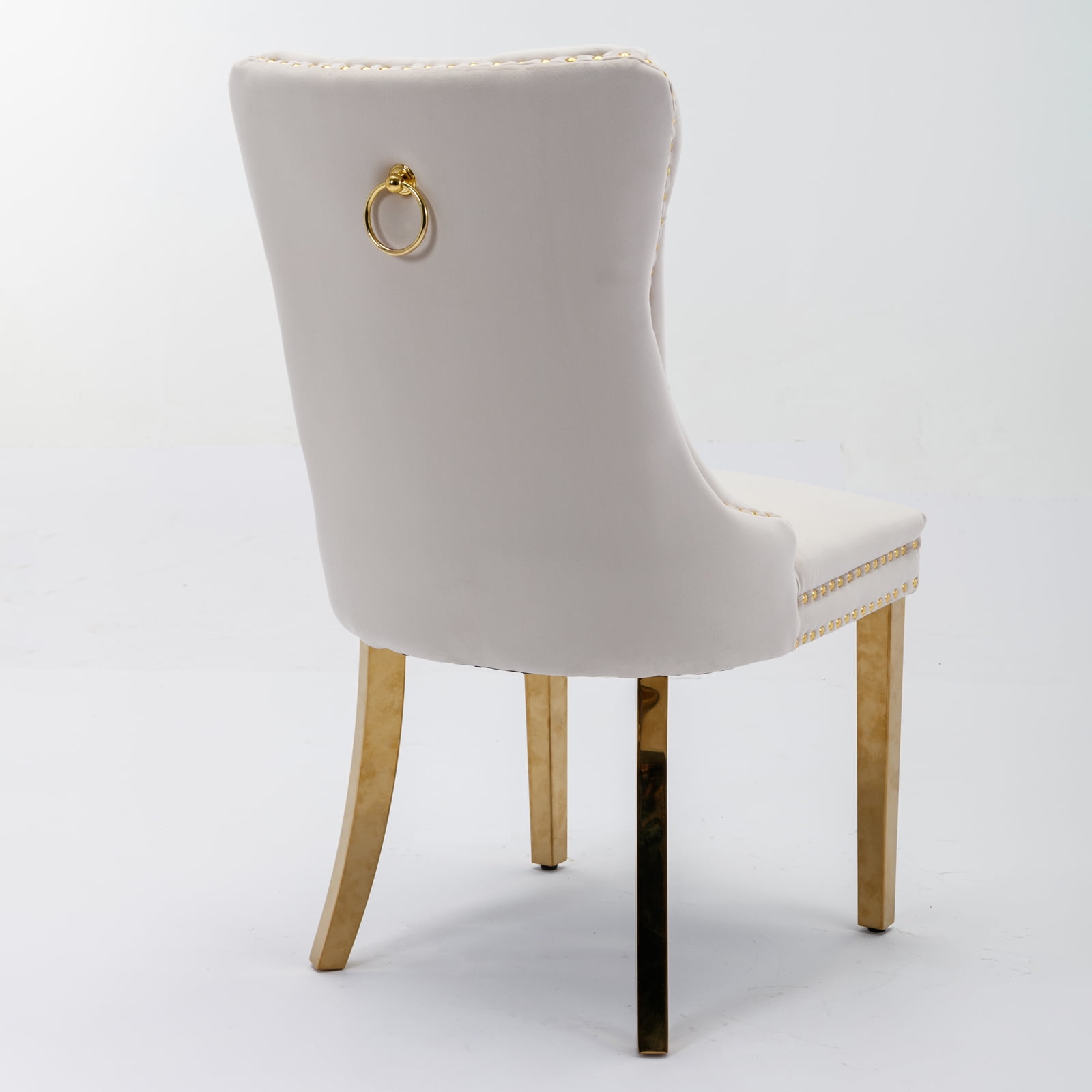 High-end Tufted Solid Wood Contemporary Velvet Upholstered Dining Chair with Golden Stainless Steel Plating Legs,Nailhead Trim,Set of 2,Beige and Gold, SW1601BG