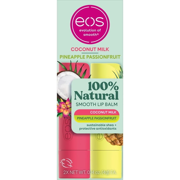 eos 100% Natural Shea Lip Balm, Coconut Milk & Passionfruit, 0.14 oz, 2-Pack Stick Carton
