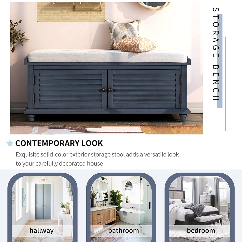 Lowestbest Storage Bench with Removable Cushion, Louver Design Wooden Shoe Bench for Entryway Living Room Bedroom (Navy Blue) Lowestbest Storage Bench with Removable Cushion, Louver Design Wooden Shoe Bench for Entryway Living Room Bedroom (Navy Blue)