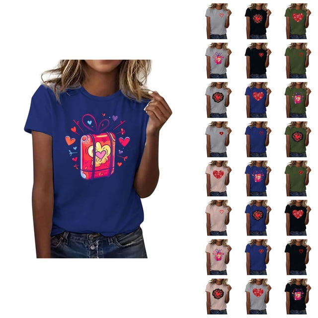 T-shirts de la Saint-Valentin pour Femmes 2026 Mode Manches Courtes Col Rond Cœur Graphique