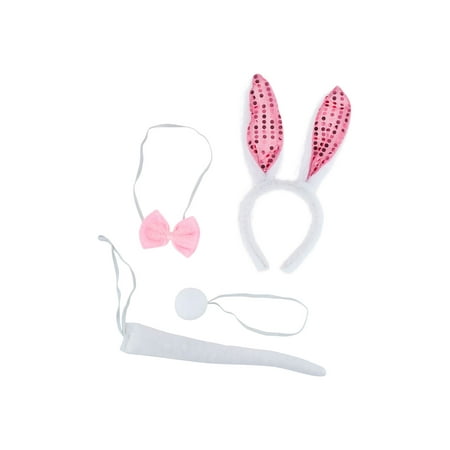 Lux Accessories White Pink Sequined Bunny Tail Ears Headband Bow Tie Costume Set