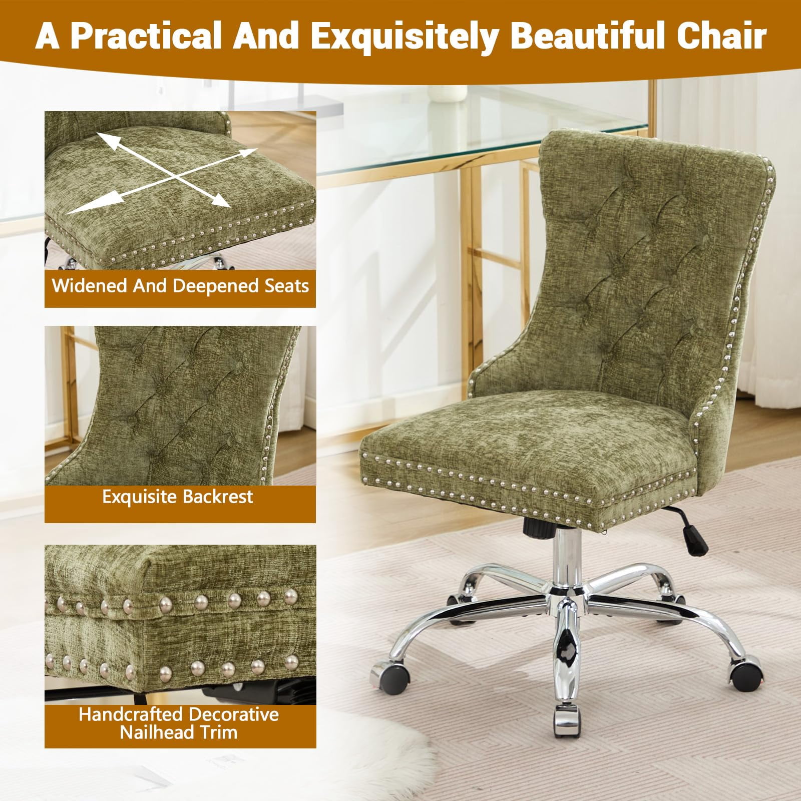 Pawverly Velvet Upholstered Office Chair, Tufted Button Swivel Desk Chair with Adjustable Height, Gold Metal Base & Wheels, Modern Vanity Chair, Green