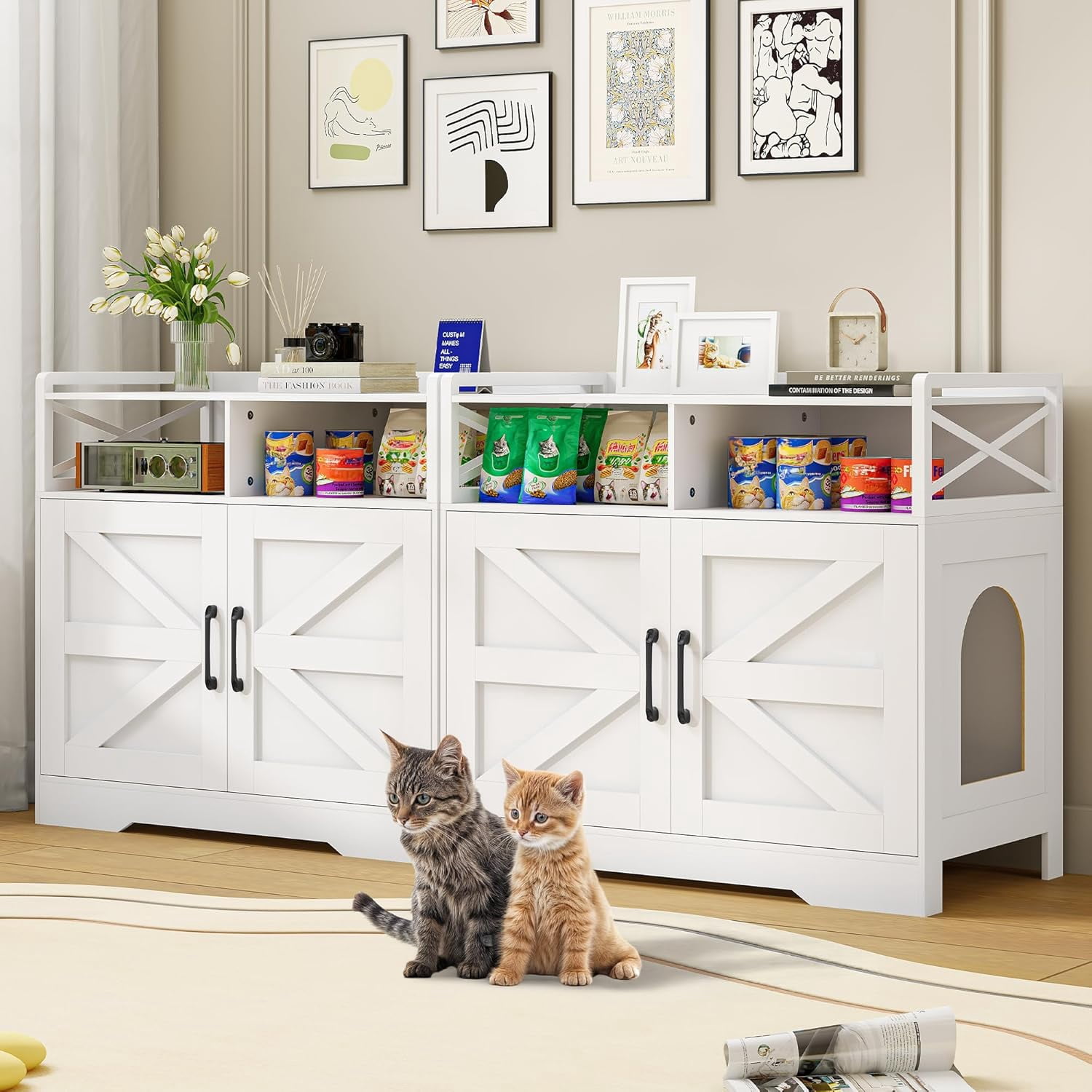 SELOOYE Cat Litter Box Enclosure, Ultra-Large Hidden Litter Box Furniture with 2 Open Drawers, Pet House, Fit Most of Litter Box, White