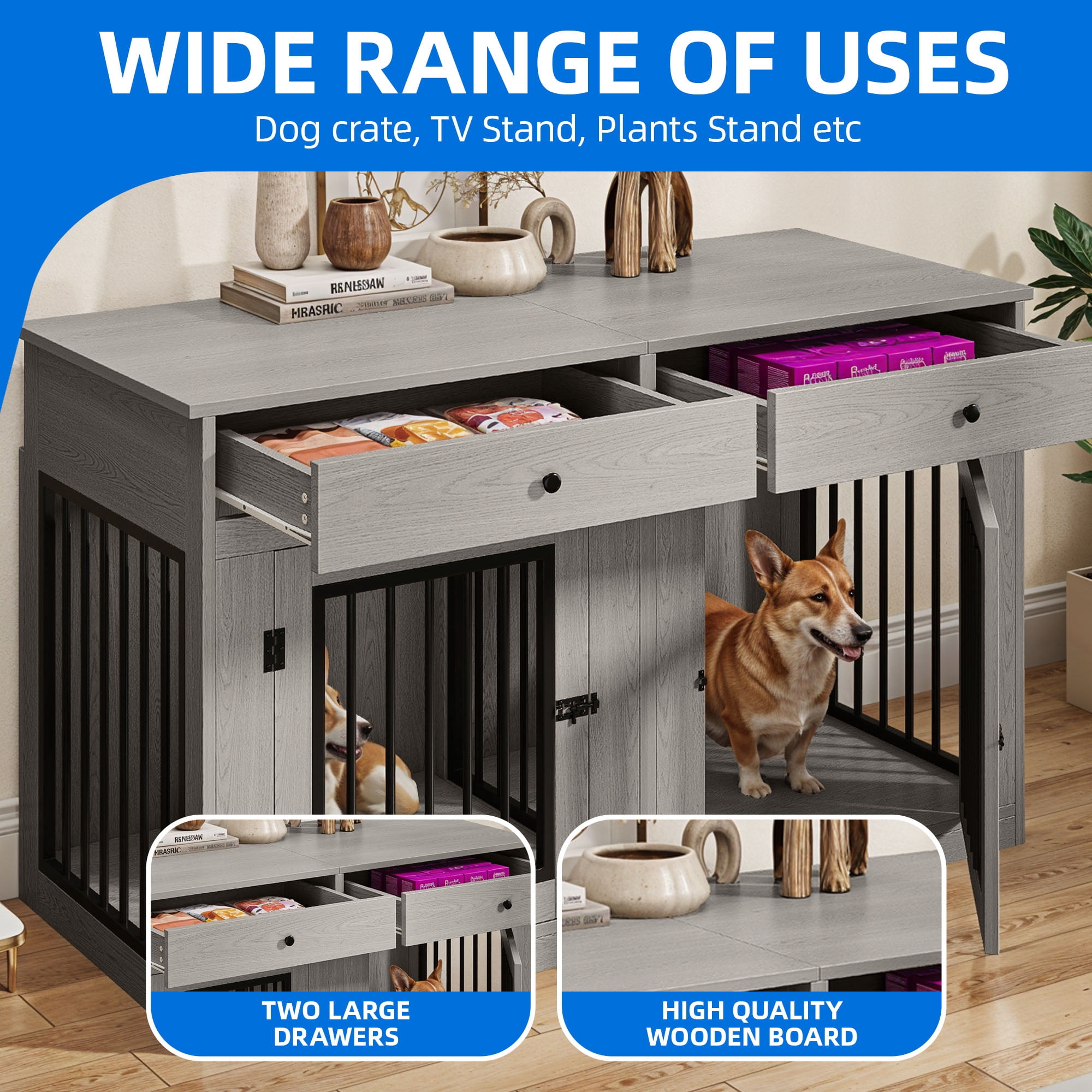 Dextrus 60" Large Double Door Dog Crate Furniture with Locks, Indoor Dog Cage Table with Removable Divider & 2 Storage Drawers, Gray