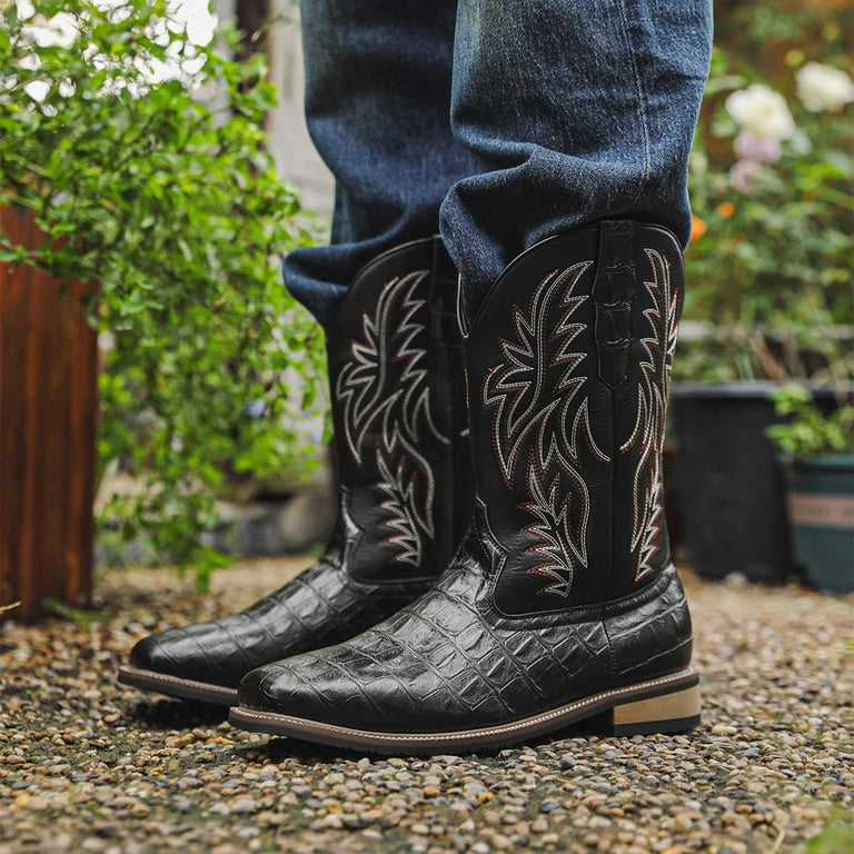 Work Boots for Men Western Square Toe Cowboy Boots Retro Leather